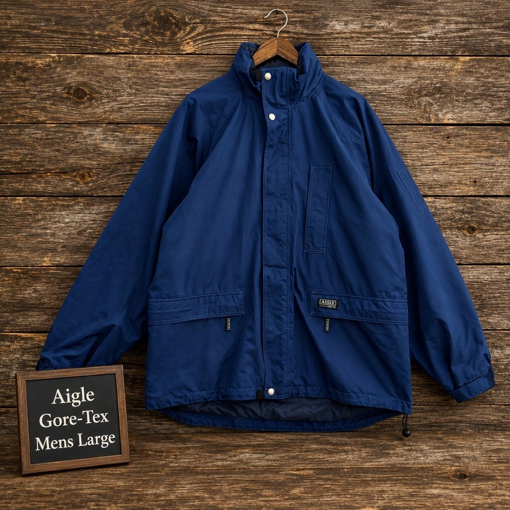 Aigle Gore-Tex Performance Jacket Mens Large Navy Blue Packable Hood Waterproof